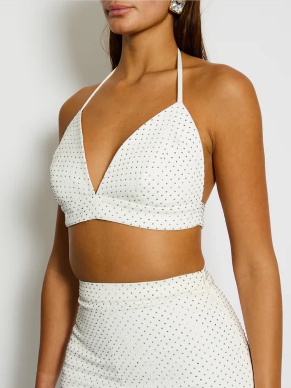 NADINE MERABI Kira white rhinestone crop top bralette